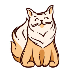 Doodle ginger cat sitting happily. Cheerful cat with fluffy tail and friendly expression. Vector illustration of playful of pet