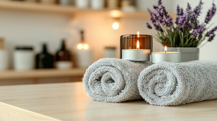 Rolled towels with candles and lavender spa setting