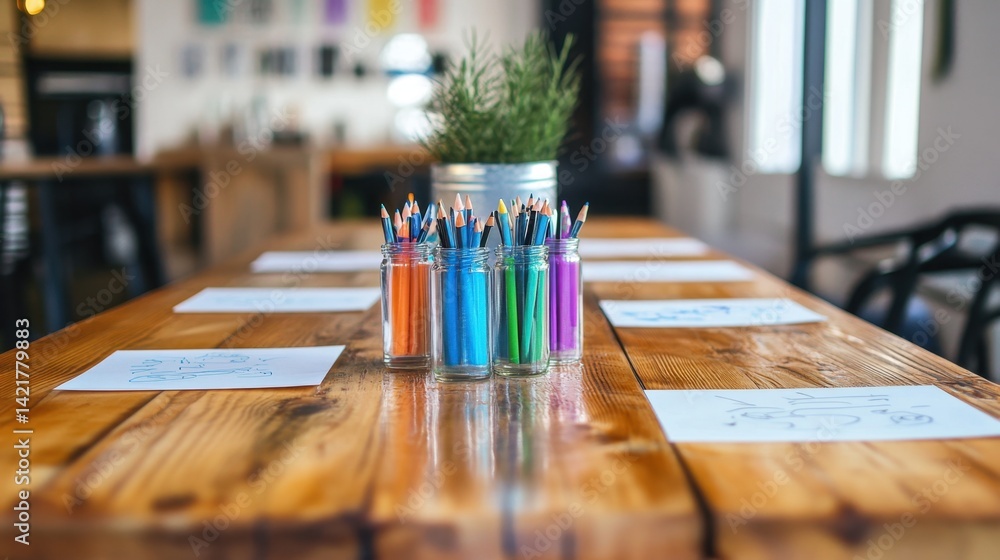 Aufkleber long table prepared for team brainstorming session with mind map printouts and markers