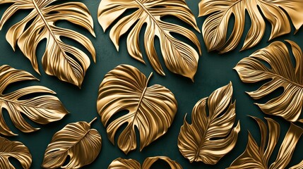 Gold Monstera leaves on dark green background, flat lay, luxury decor, design element