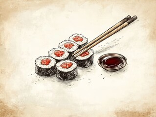 A delicate ink illustration of sushi rolls represents a culinary art journey through Japanese food culture