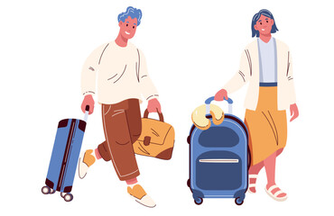 Tourist couple walking with suitcases and bag. Man and woman carry suitcases at airport or bus station. Travel mascot, cartoon happy family tourists walk vector illustration