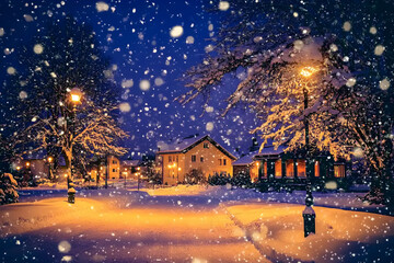 Naklejka premium Snowy Village Street at Night with Warm Lights and Falling Snow