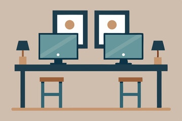 vector illustration of office desk with computer