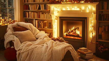 Fototapeta premium Cozy Fireplace Scene Warm Knit Blanket BookLined Room and Golden Lights