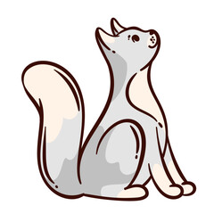 Color doodle cat sits gracefully with its tail arched. Vector illustration of feline design, charming drawn gray cat