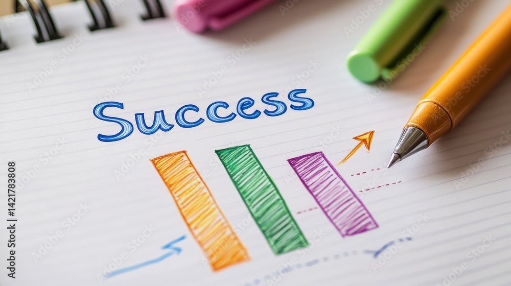 Poster pen and notebook with doodled bar chart reaching the success mark