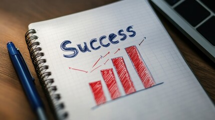 Pen and notebook with doodled bar chart reaching the Success mark