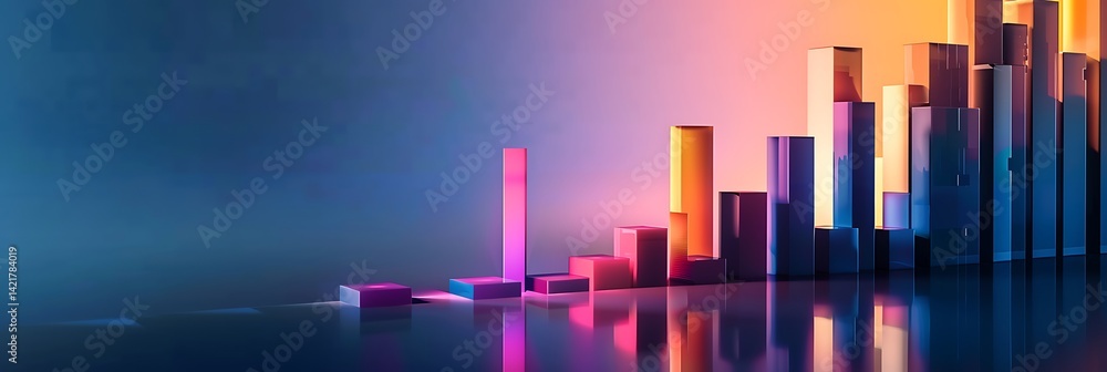Poster abstract representation of a bar chart with glowing, colorful columns of varying heights reflecting 