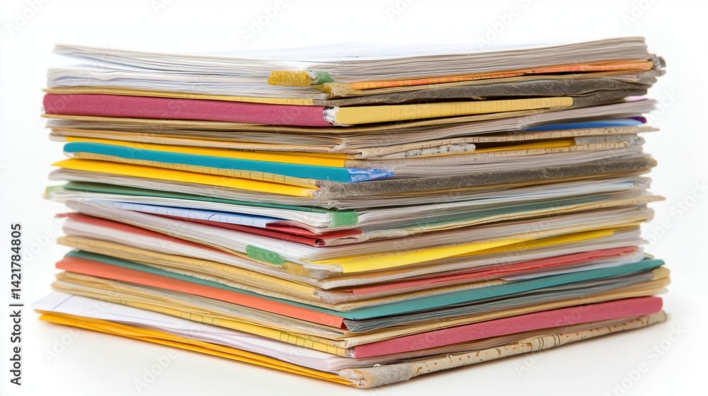 Poster stack of printed team performance reviews with charts and employee kpis
