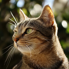 Serene Portrait of a Tabby Cat in Sunlight Gazing Intently into the Distance