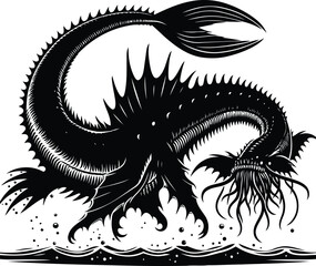 Leviathan Swimming Through Murky Ocean &ndash; Sea Monster in Deep Water Fantasy Scene