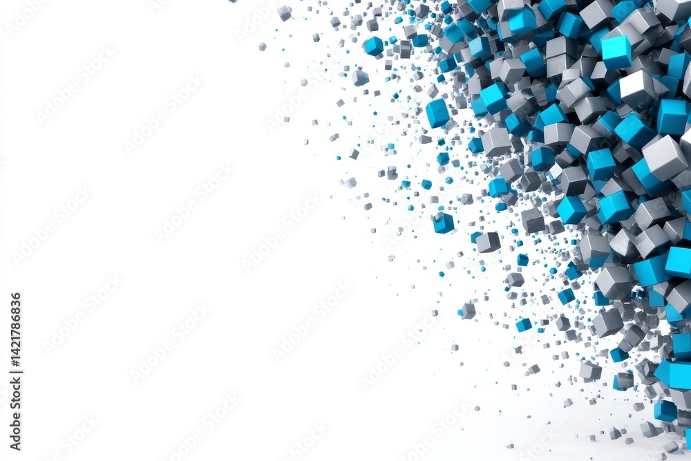 Poster abstract blue and gray cube burst - exploding mass of blue and grey cubes on a white background. mod