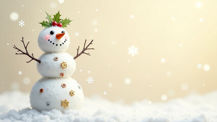 Obraz premium A charming snowman adorned with holly and buttons, joyfully welcoming the winter season against a softly falling snow backdrop.