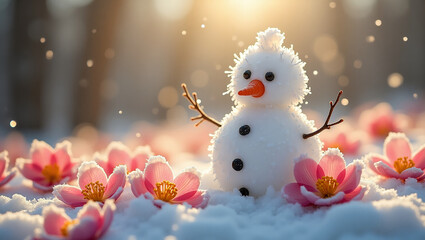 Obraz premium A charming miniature snowman nestled amongst delicate pink blossoms in a winter wonderland bathed in warm, golden sunlight.