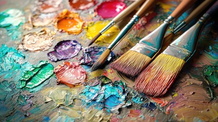 Obraz premium Artist's palette with paintbrushes, colorful paints, and textured surface. Suitable for art, design, and creative concept backgrounds