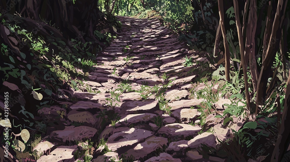Poster enchanted pathway through lush forest with mysterious shadows and timeless stone pathways inviting e