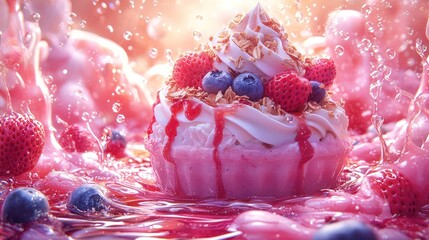 Pink cupcake in splash of liquid, with berries