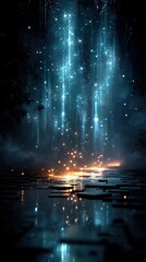 Abstract dark background with blue light beams and golden sparkles on surface.