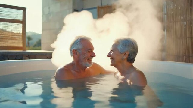 Romantic Hot Spring Bath: An elderly couple enjoys a romantic and relaxing soak in a hot spring, surrounded by steam and natural light. Their smiles express contentment and intimacy.