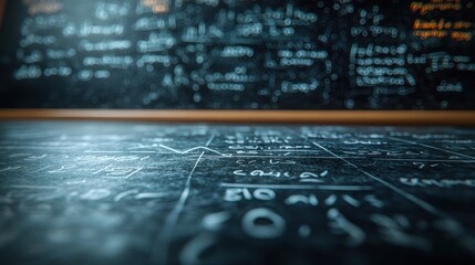 Classroom chalkboard filled with math equations; education concept