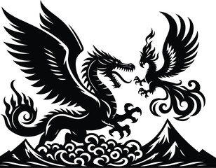 Phoenix and Leviathan Clashing in the Sky – Mythical Creatures in Fiery Fantasy Battle