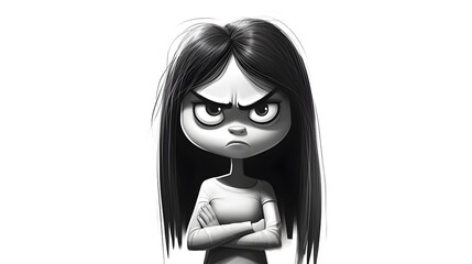 Professional Black and White Cartoon Illustration of Grumpy Girl Character