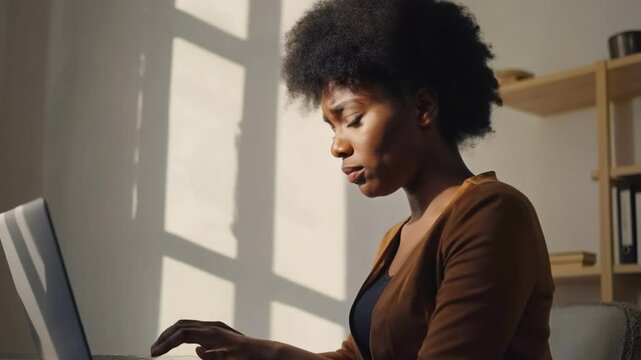 Reflection and Contemplation: A striking view of a woman, lost in thought as she leans over a computer, the play of light and shadow cast by the sunlight through a window, creates an intimate setting.