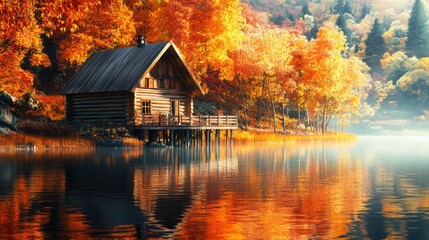 Fototapeta premium Rustic cabin nestled on serene autumn lake