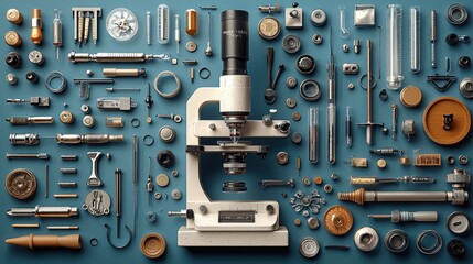 Microscope surrounded by tools and equipment on a blue background;  scientific research concept
