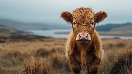 Portrait of a cute highland calf in a tranquil landscape of misty Scotland