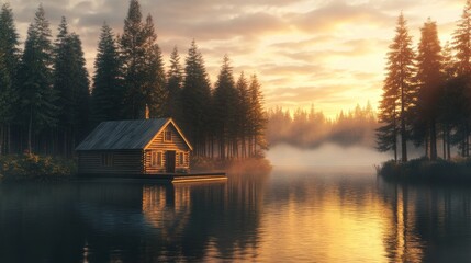 Fototapeta premium Tranquil cabin nestled on a serene lake at sunset, surrounded by a misty forest