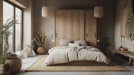 Elegant bedroom interior with minimalist decor and natural light creating a serene and inviting atmosphere