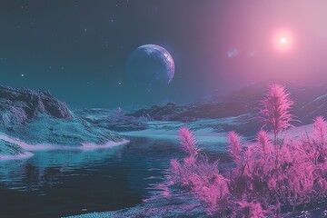 Obraz premium Fantasy landscape with planet water pink trees and a star in the sky.