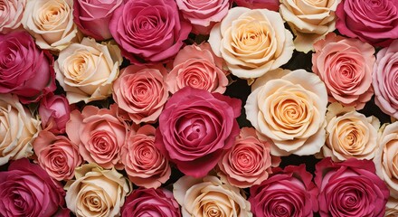 Fototapeta premium Overhead Rose Stem Study: Pink Hues, Buds & Blooms on Cream Yellow, AI Art
