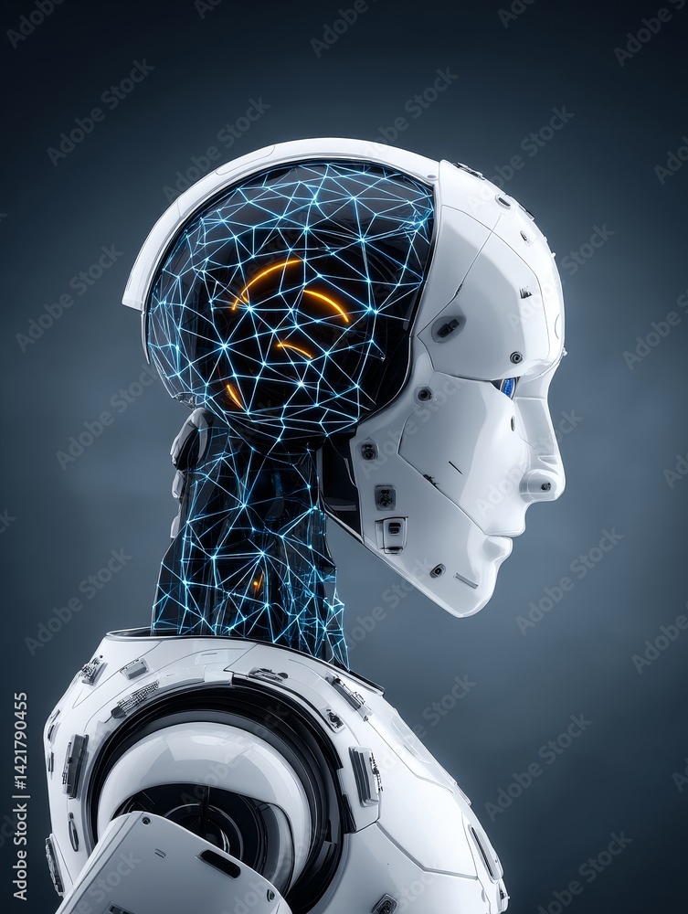 Poster advanced robotic head profile - close-up profile view of a futuristic white robot head with glowing 
