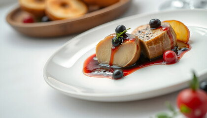 Foie gras with apple confit and berry sauce in a white plate on a white background. Close-up, selective focus, vintage. White tone