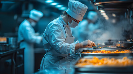 Busy commercial kitchen with chefs collaborating, symbolizing teamwork, precision, and culinary professionalism