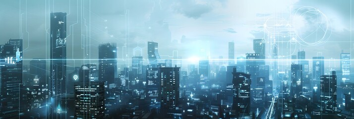 Obraz premium Panoramic view of a futuristic, high-tech cityscape at night or dusk, featuring illuminated skyscrapers, digital overlays, and atmospheric effects under a dramatic sky. 