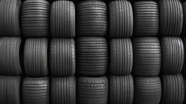 Wall of Black Tires in a Stack, Close-Up View of Tread Patterns