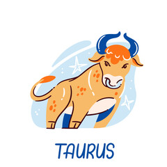 Colorful cartoon Taurus zodiac sign, stylized bull with blue horns on a light background accented by stars. Astrological themes and spiritual designs, vector illustration.
