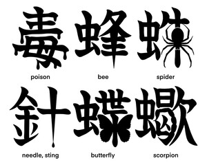 Pictorial Japanese kanji characters for poison, sting, bee, butterfly, spider and scorpion isolated on transparent background, calligraphy art