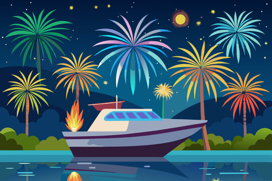 "Boat Under Fireworks at Night &ndash; Tropical Lake Celebration Vector Illustration"