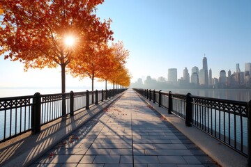 Fototapeta premium Autumn Cityscape Walkway - Tranquil autumn morning scene, showcasing a paved walkway lined with vibrant red trees, leading towards a cityscape by the water
