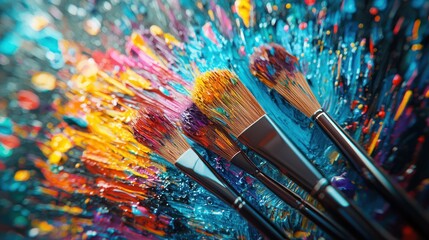 Fototapeta premium Colorful paint brushes on vibrant abstract art