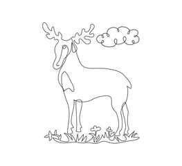 Moose, line art drawing, animal. Graphic print. Wild animals. Antlers, deer. Vector black and white illustration.