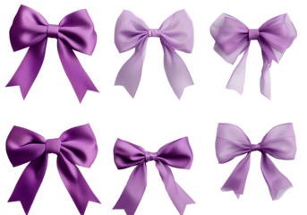 Set of purple bows with dots, isolated on a transparent background