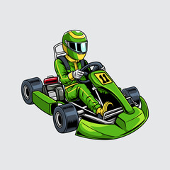 Go-Kart green color sports automotive isolated with man driver on a light background for poster, t-shirt print, business element, social media content, blog, sticker, vlog, and card