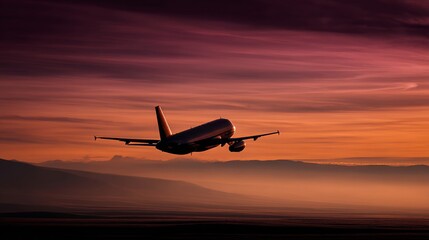Airplane flying across a glowing sky during sunrise or sunset, capturing the peaceful moment. 