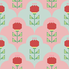Colorful rose, flower seamless pattern.Abstract geometric background surface texture background.Nature botanical Nordic folk illustration.Vintage design for tulip,summer, spring,celebration,decor.